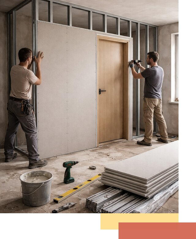 Перегородка из гипсокартона с дверью под ключ в Сердобске